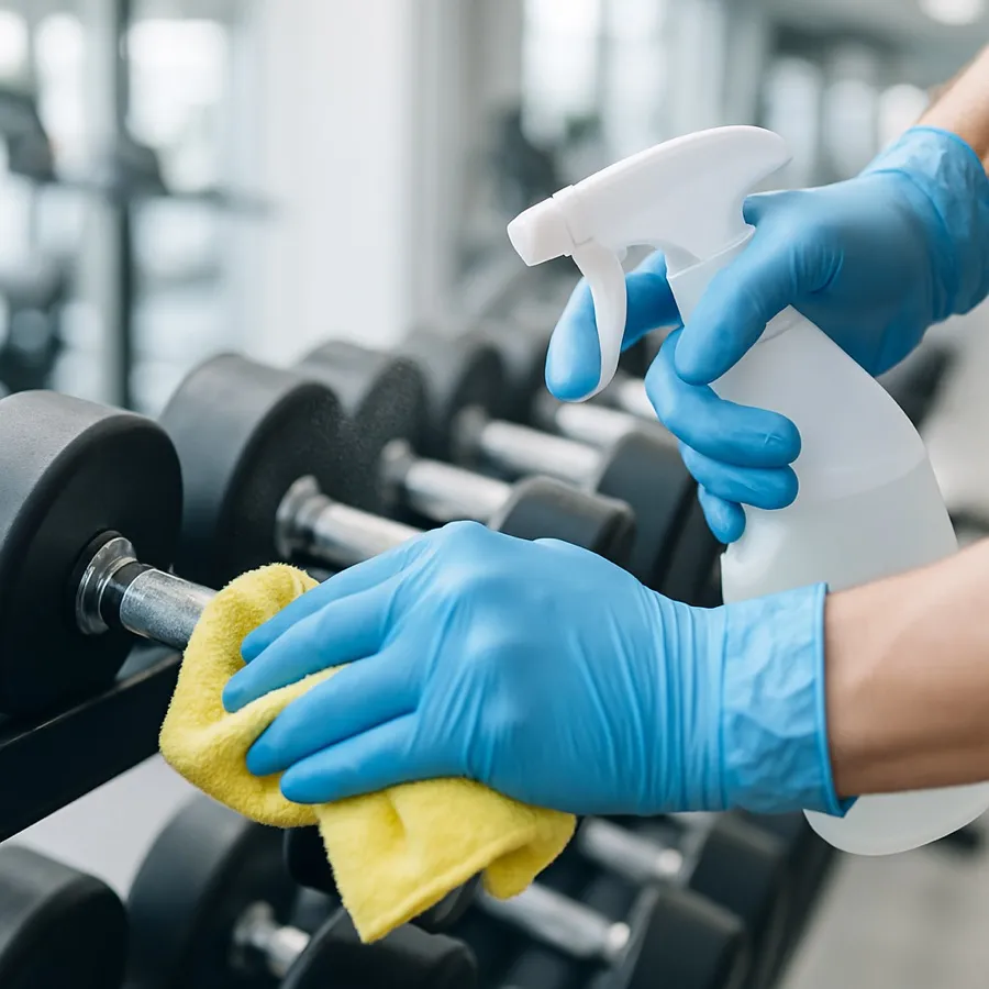 Gloved hands wiping down a dumbbell rack with disinfectant